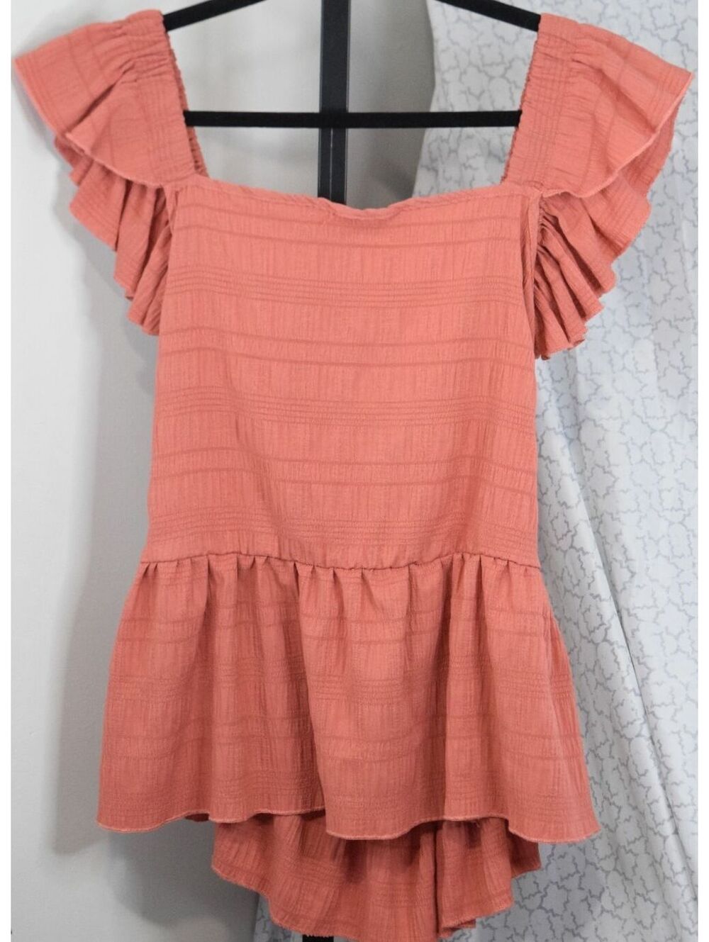SHEIN Curve Rust Terracotta Textured Ruffle Sleeve Peplum Top Plus Size 0XL